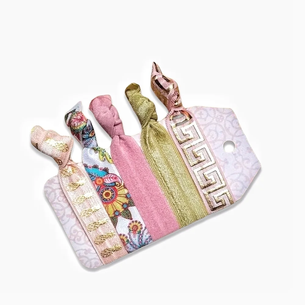 Pink & Gold Theme 5-Pack Handmade No Crease FOE Pastel Elastic Hair Ties